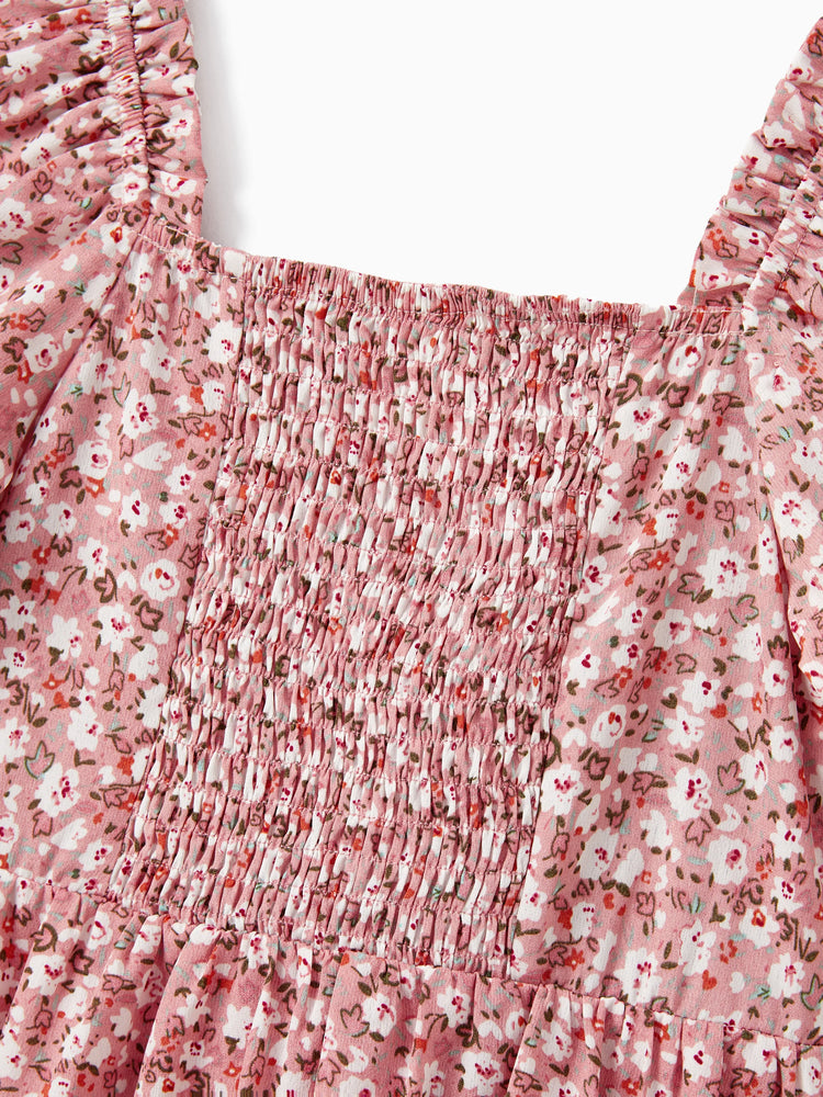 Conjunto Mamá y Yo Vestido con Fruncido, Mangas Abullonadas y Estampado Floral Azul y Rosa