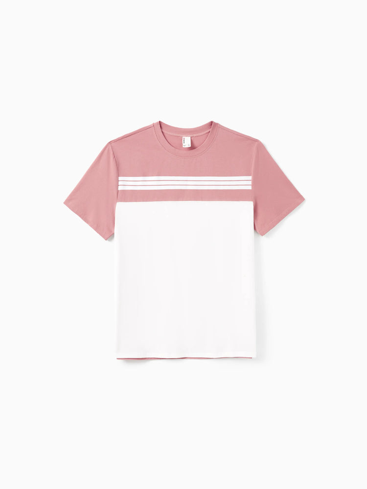 Daddy & Daughter Blue Cotton Colorblock Tee Shirt or Flora Print Smocking Puff-sleeve Dress Set Pink