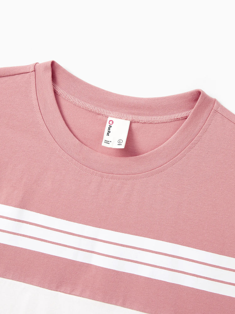 Family Matching Blue Cotton Colorblock Tee Shirt or Flora Print Smocking Puff-sleeve Dress Set
 Pink