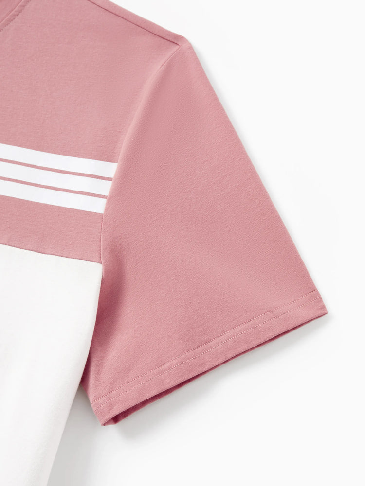 Family Matching Blue Cotton Colorblock Tee Shirt or Flora Print Smocking Puff-sleeve Dress Set
 Pink