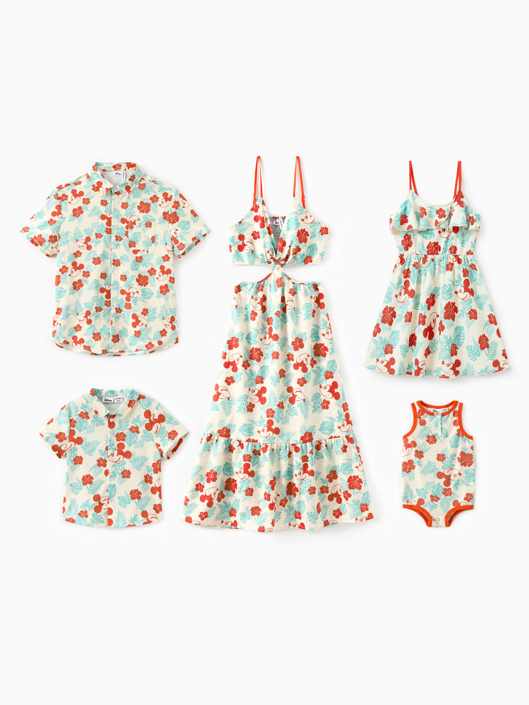 Disney Mickey and Friends Mommy and Me Family Matching Naia™ Floral Allover Print Shirt/Sleeveless Hollow-out Dress/Romper Multi-color