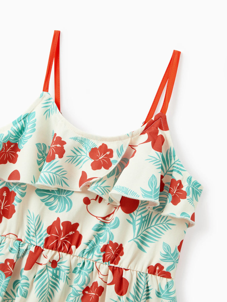 Mommy and Me Disney Mickey and Friends Family Matching Naia™ Floral Allover Print Shirt/Sleeveless Hollow-out Dress/Romper Multi-color