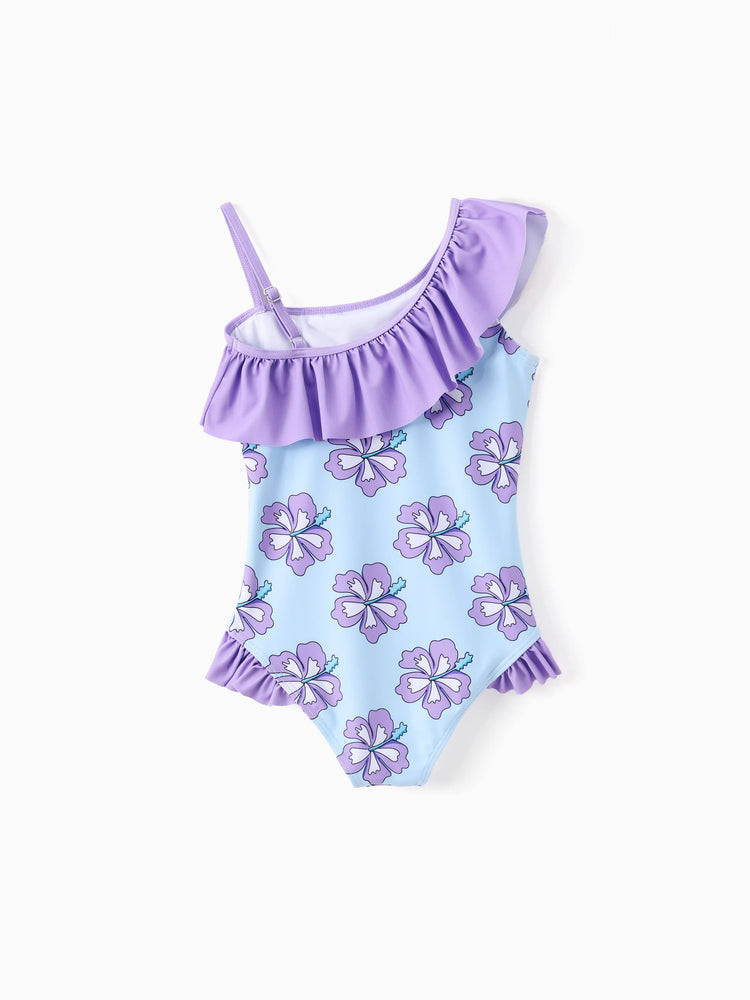 Maillot de bain 1 pièce Disney Stitch pour petite fille, imprimé floral et rayé coloré, épaules dénudées, volants, UPF 50+, violet