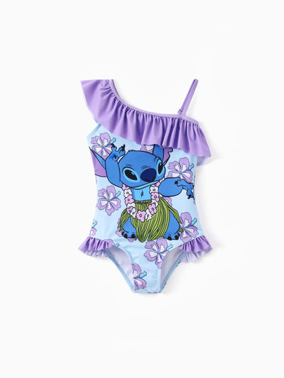 Maillot de bain 1 pièce Disney Stitch pour petite fille, imprimé floral et rayé coloré, épaules dénudées, volants, UPF 50+, violet
