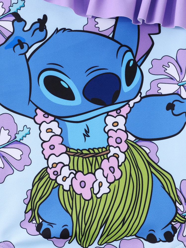 Maillot de bain 1 pièce Disney Stitch pour petite fille, imprimé floral et rayé coloré, épaules dénudées, volants, UPF 50+, violet