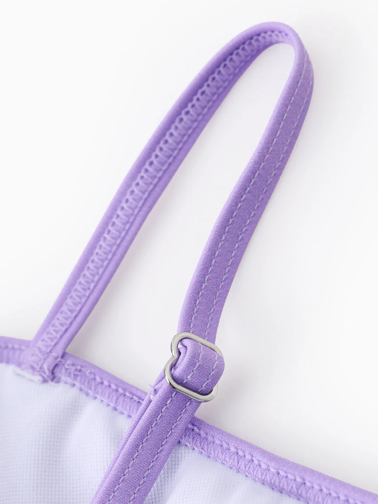 Maillot de bain 1 pièce Disney Stitch pour petite fille, imprimé floral et rayé coloré, épaules dénudées, volants, UPF 50+, violet