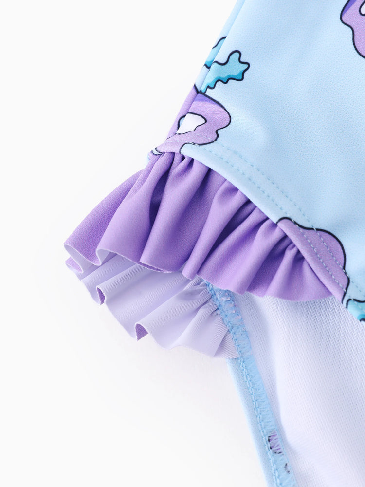 Maillot de bain 1 pièce Disney Stitch pour petite fille, imprimé floral et rayé coloré, épaules dénudées, volants, UPF 50+, violet