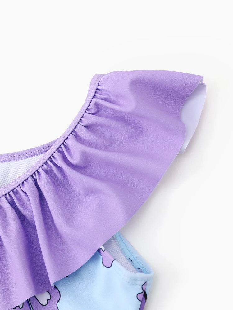 Maillot de bain 1 pièce Disney Stitch pour petite fille, imprimé floral et rayé coloré, épaules dénudées, volants, UPF 50+, violet