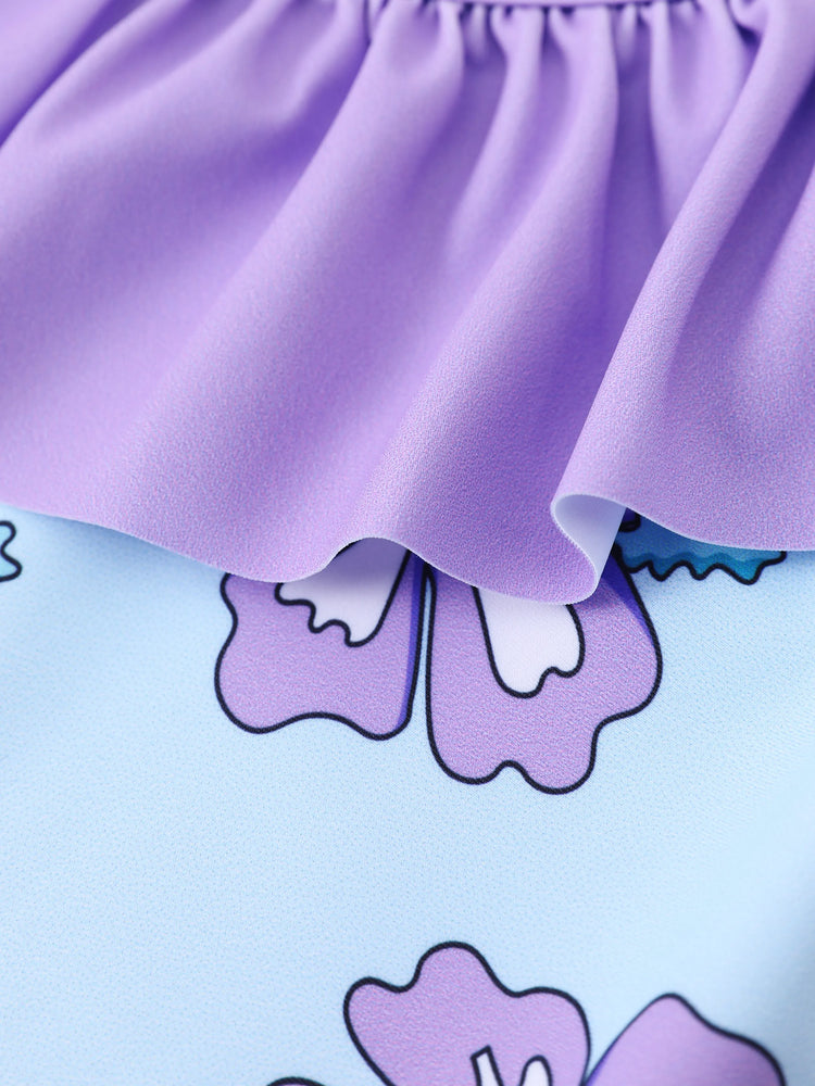 Maillot de bain 1 pièce Disney Stitch pour petite fille, imprimé floral et rayé coloré, épaules dénudées, volants, UPF 50+, violet