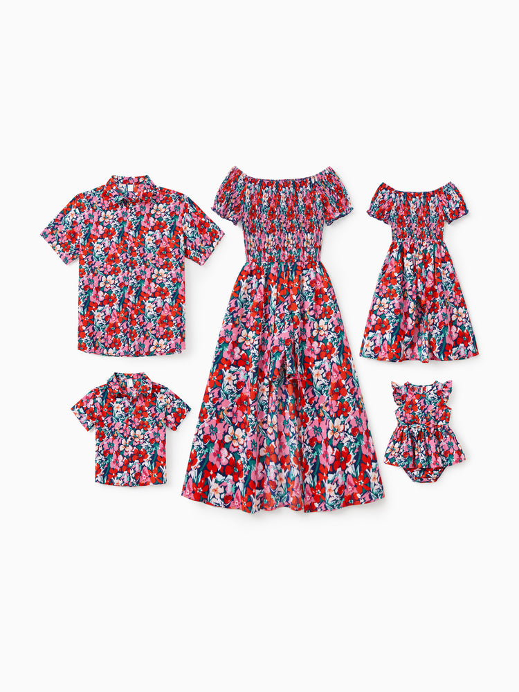 Family Matching Floral Print Short-sleeve Shirt or Off Shoulder Smocking Dresses Set Dark Blue