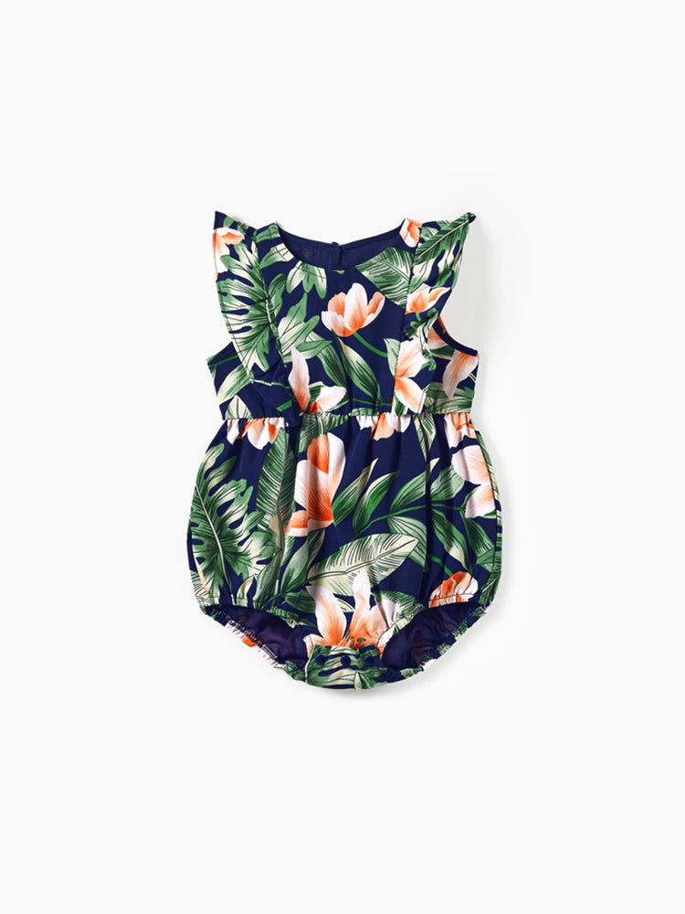 Ensembles familiaux assortis : t-shirts à manches courtes à empiècements floraux ou robes mi-longues à bretelles spaghetti et col en V à imprimé floral intégral avec bouton-pression dissimulé, bleu roi