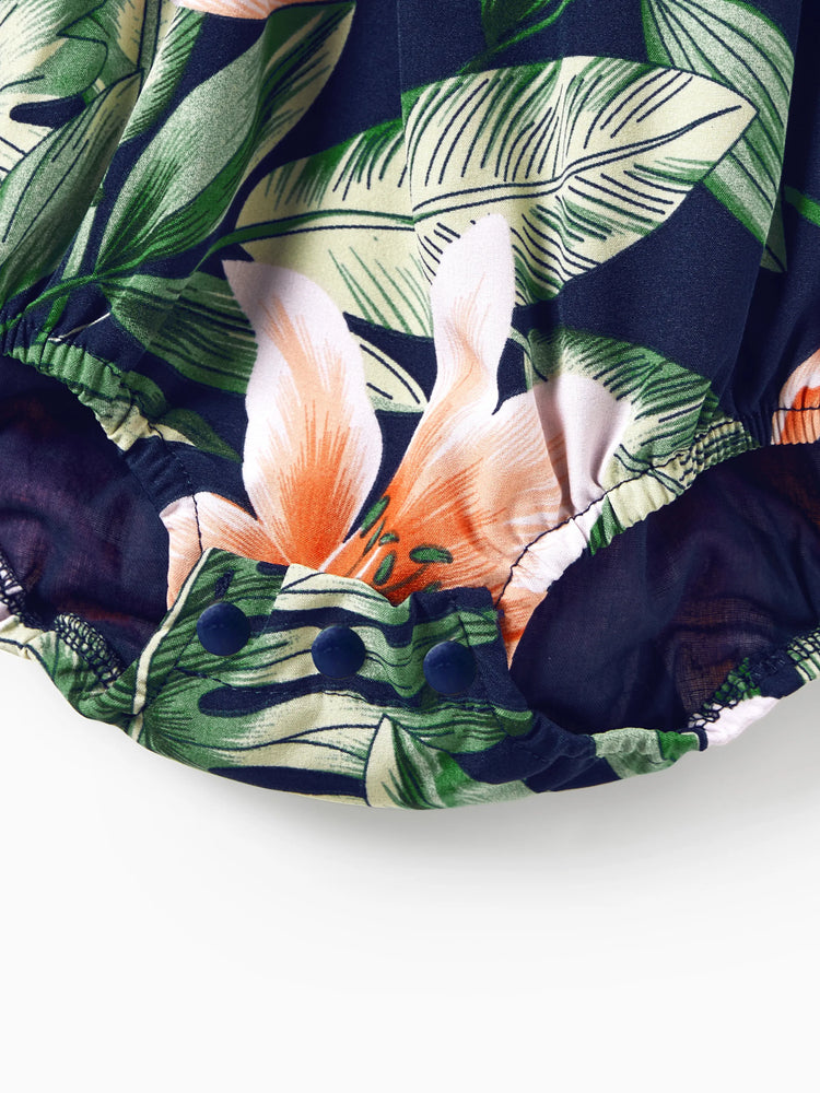 Ensembles familiaux assortis : t-shirts à manches courtes à empiècements floraux ou robes mi-longues à bretelles spaghetti et col en V à imprimé floral intégral avec bouton-pression dissimulé, bleu roi