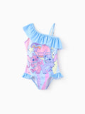 Maillot de bain 1 pièce Disney Stitch pour petite fille, imprimé floral et rayé coloré, épaules dénudées, volants, UPF 50+, bleu