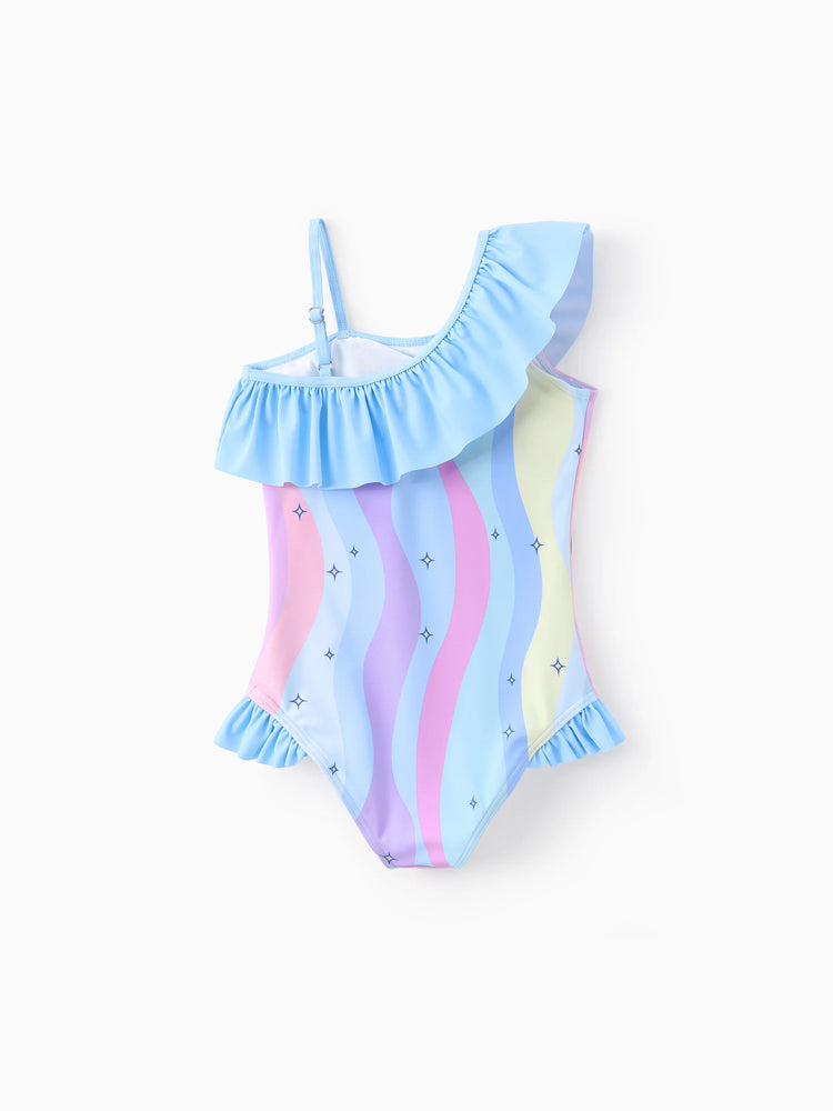Maillot de bain 1 pièce Disney Stitch pour petite fille, imprimé floral et rayé coloré, épaules dénudées, volants, UPF 50+, bleu