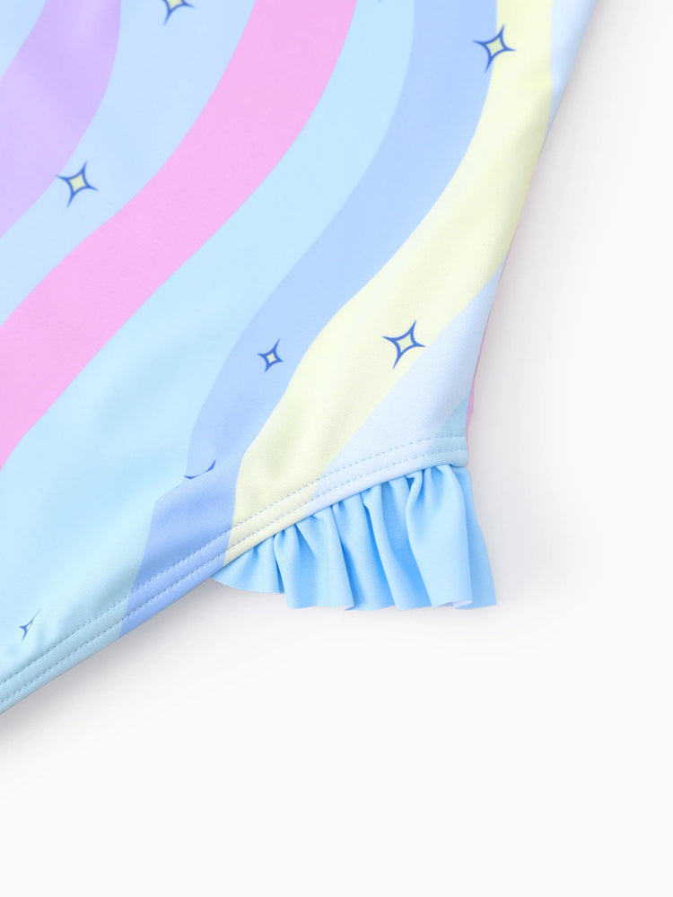 Maillot de bain 1 pièce Disney Stitch pour petite fille, imprimé floral et rayé coloré, épaules dénudées, volants, UPF 50+, bleu