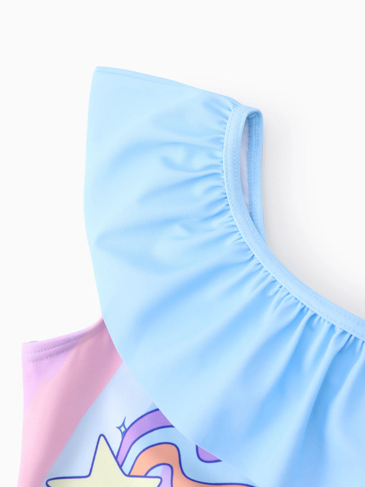 Maillot de bain 1 pièce Disney Stitch pour petite fille, imprimé floral et rayé coloré, épaules dénudées, volants, UPF 50+, bleu