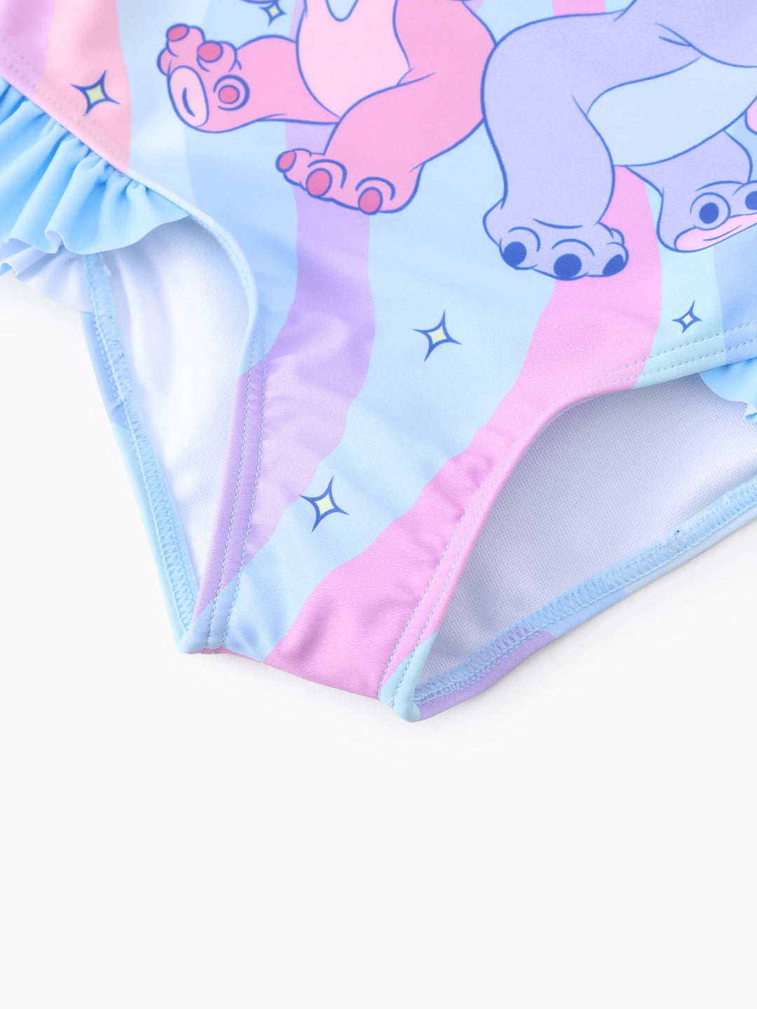 Traje de baño Disney Stitch para niña pequeña, estampado floral/de rayas de colores, hombros descubiertos, volantes, UPF 50+, azul