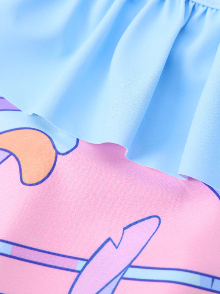 Maillot de bain 1 pièce Disney Stitch pour petite fille, imprimé floral et rayé coloré, épaules dénudées, volants, UPF 50+, bleu