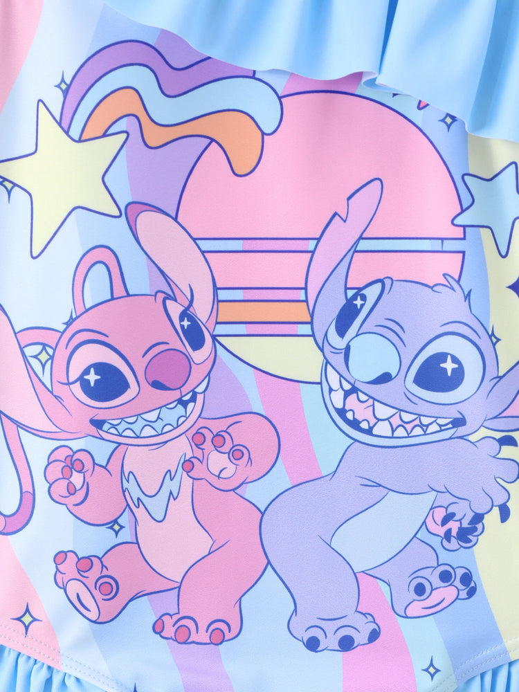 Maillot de bain 1 pièce Disney Stitch pour petite fille, imprimé floral et rayé coloré, épaules dénudées, volants, UPF 50+, bleu