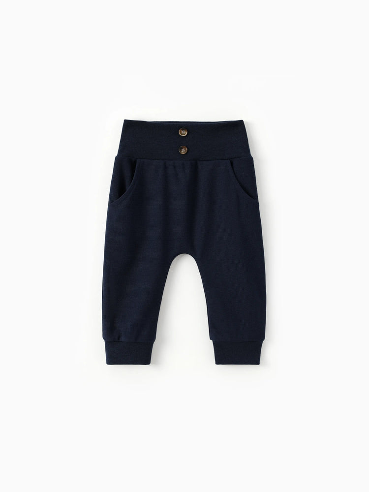 Pantalon taille haute texturé gaufré uni pour bébé garçon/fille, bleu tibétain