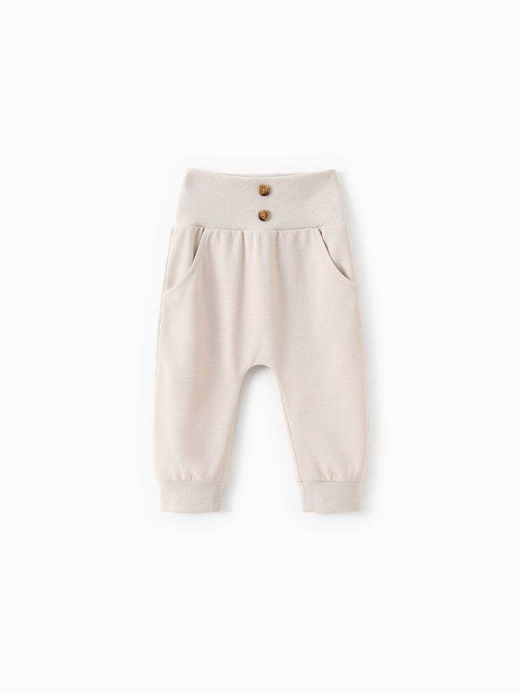 Pantalon taille haute texturé gaufré uni pour bébé garçon/fille, abricot