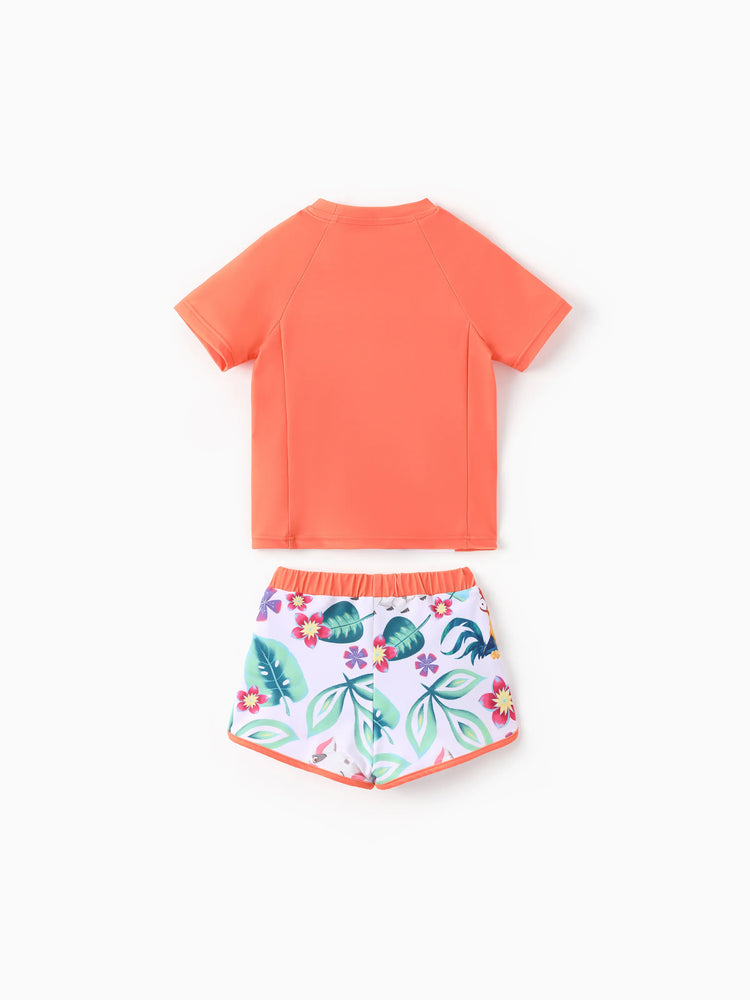 Disney Princess Toddler Girl 2pcs Moana Floral Print Colorblock Short-sleeve Top and Trunks UPF 50+ Swimsuit Set Orange