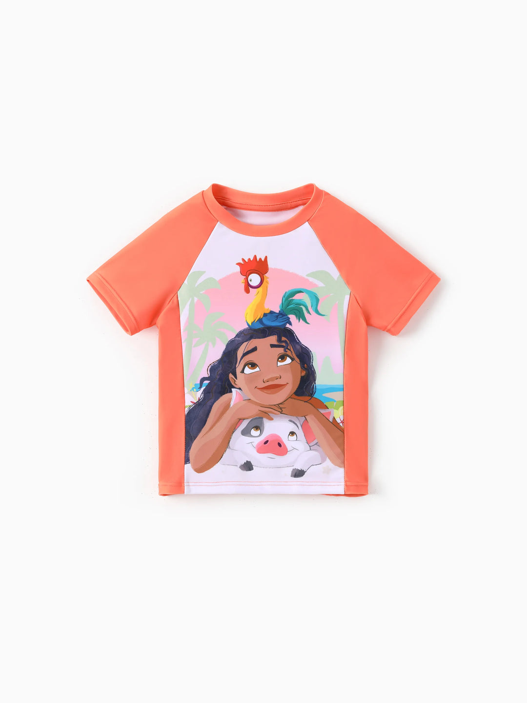 Disney Princess Toddler Girl 2pcs Moana Floral Print Colorblock Short-sleeve Top and Trunks UPF 50+ Swimsuit Set Orange