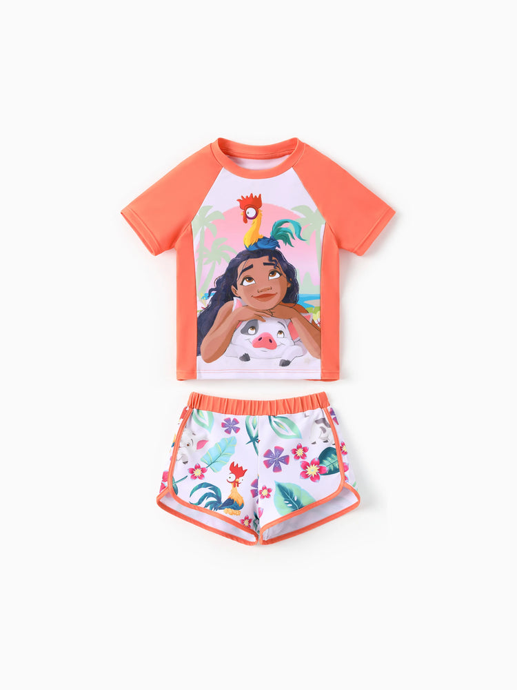 Disney Princess Toddler Girl 2pcs Moana Floral Print Colorblock Short-sleeve Top and Trunks UPF 50+ Swimsuit Set Orange