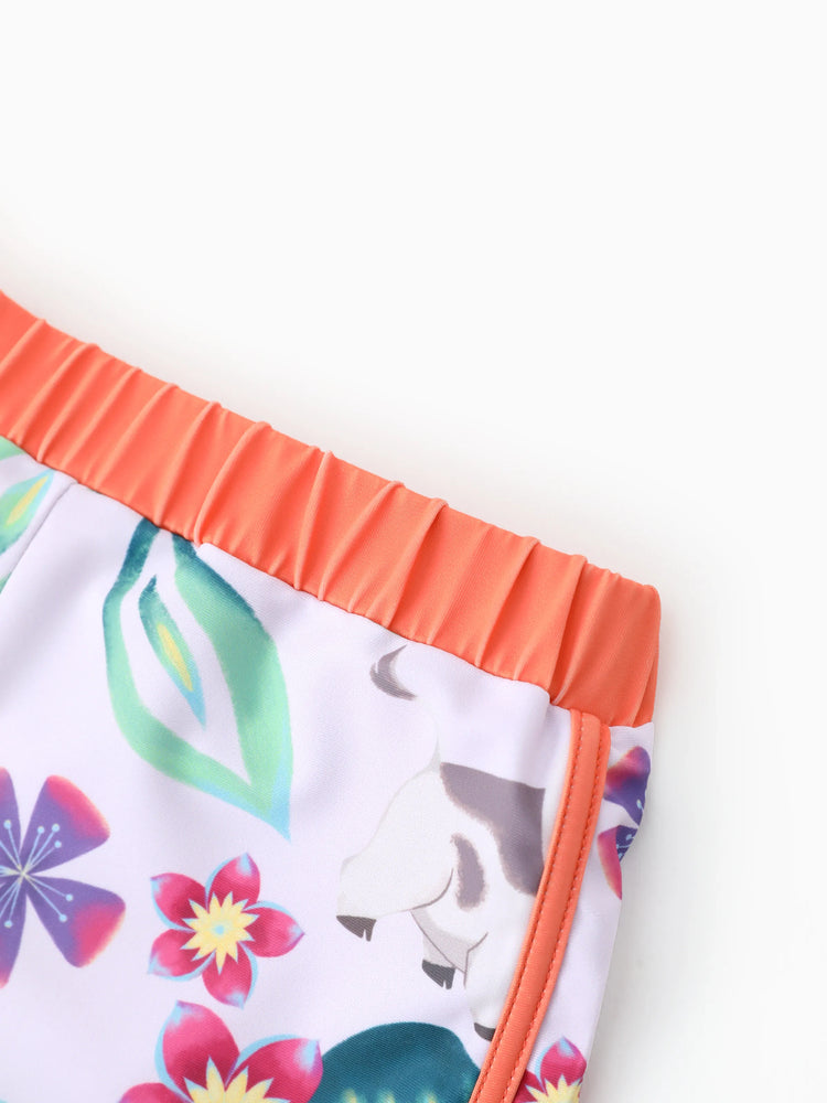 Disney Princess Toddler Girl 2pcs Moana Floral Print Colorblock Short-sleeve Top and Trunks UPF 50+ Swimsuit Set Orange