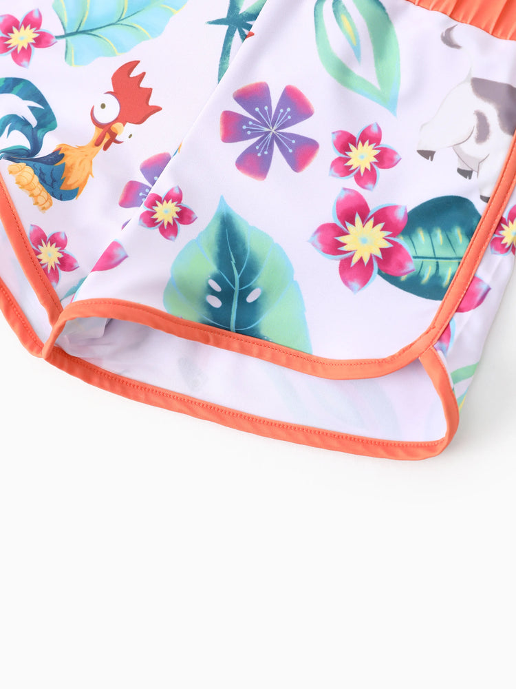 Disney Princess Toddler Girl 2pcs Moana Floral Print Colorblock Short-sleeve Top and Trunks UPF 50+ Swimsuit Set Orange