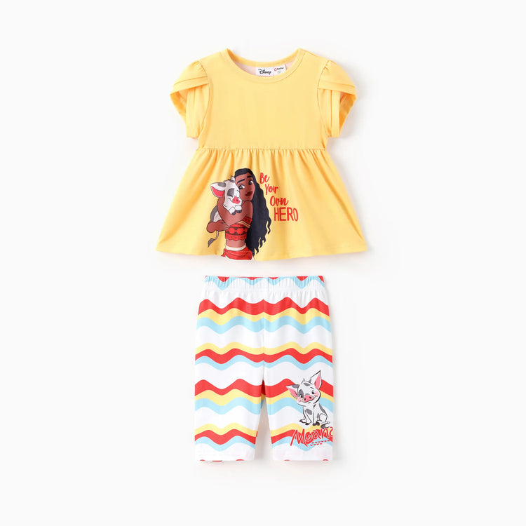 Disney Princess Toddler Girl 2pcs Naia™ Moana Pattern Ruffled Hem Top And Pant Set Yellow