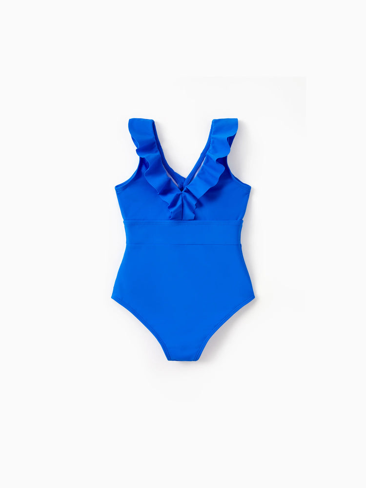 Family Matching Blue Ruffle One-piece Swimsuit or Swim Trunks Blue