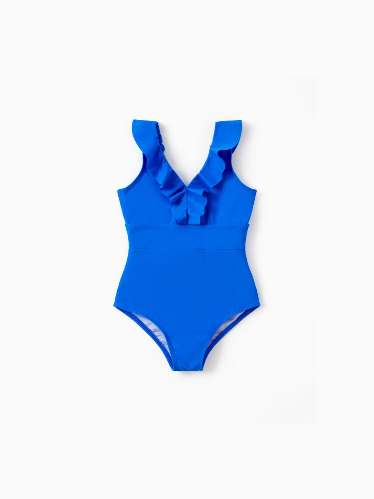 Family Matching Blue Ruffle One-piece Swimsuit or Swim Trunks Blue