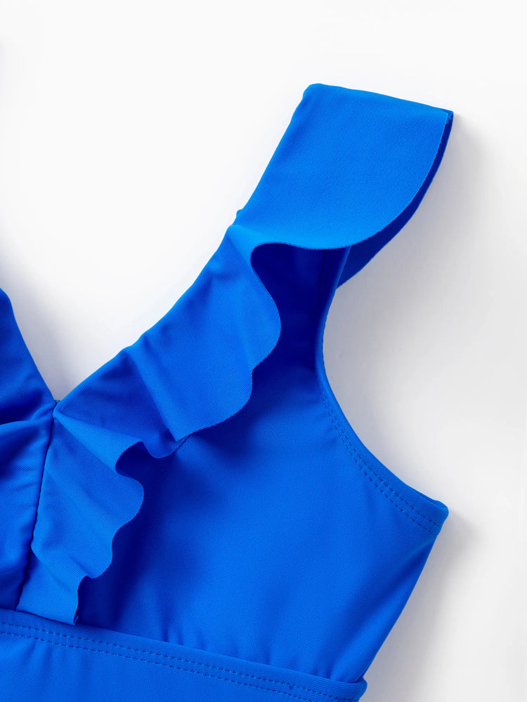 Family Matching Blue Ruffle One-piece Swimsuit or Swim Trunks Blue