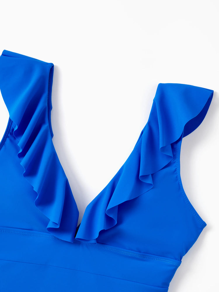 Family Matching Blue Ruffle One-piece Swimsuit or Swim Trunks Blue