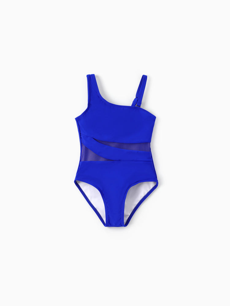Family Matching Blue Drawstring Swim Trunks or Blue One-Piece Strap Swimsuit
 Blue