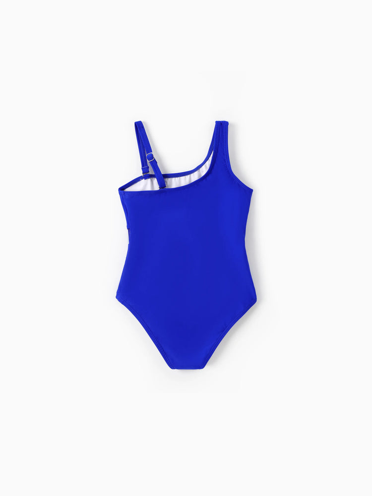 Family Matching Blue Drawstring Swim Trunks or Blue One-Piece Strap Swimsuit
 Blue