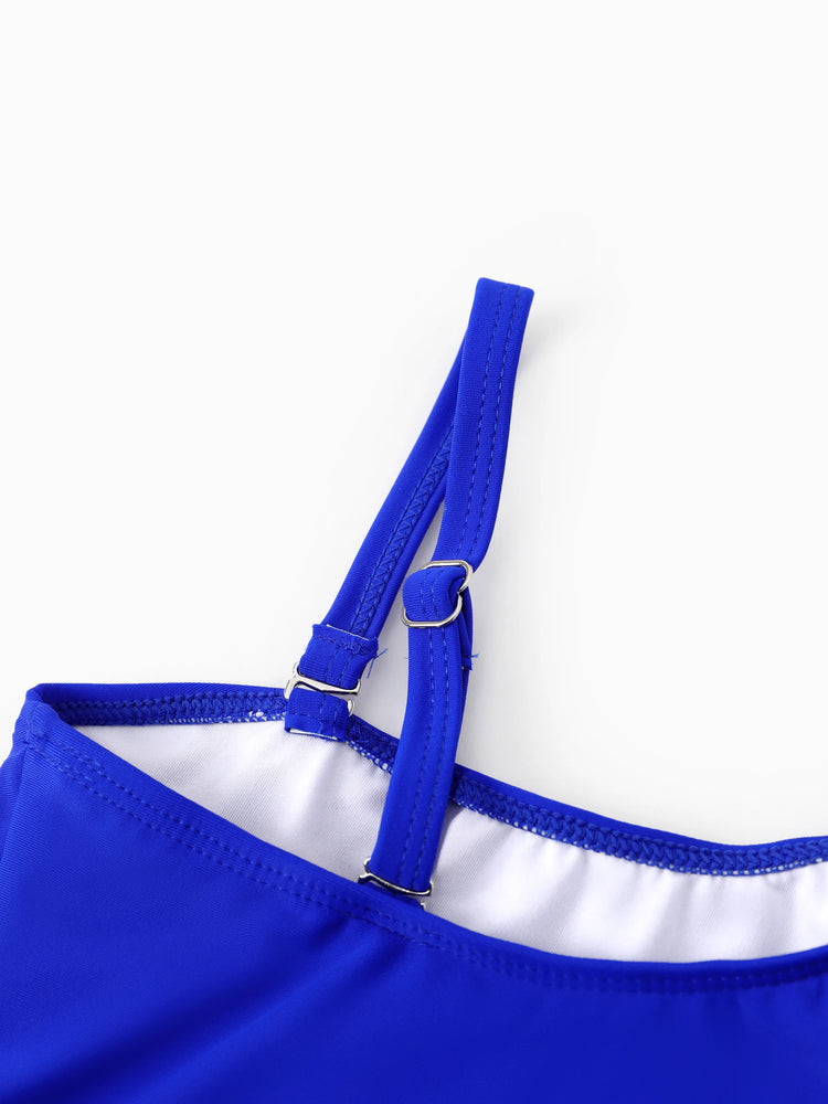 Family Matching Blue Drawstring Swim Trunks or Blue One-Piece Strap Swimsuit
 Blue