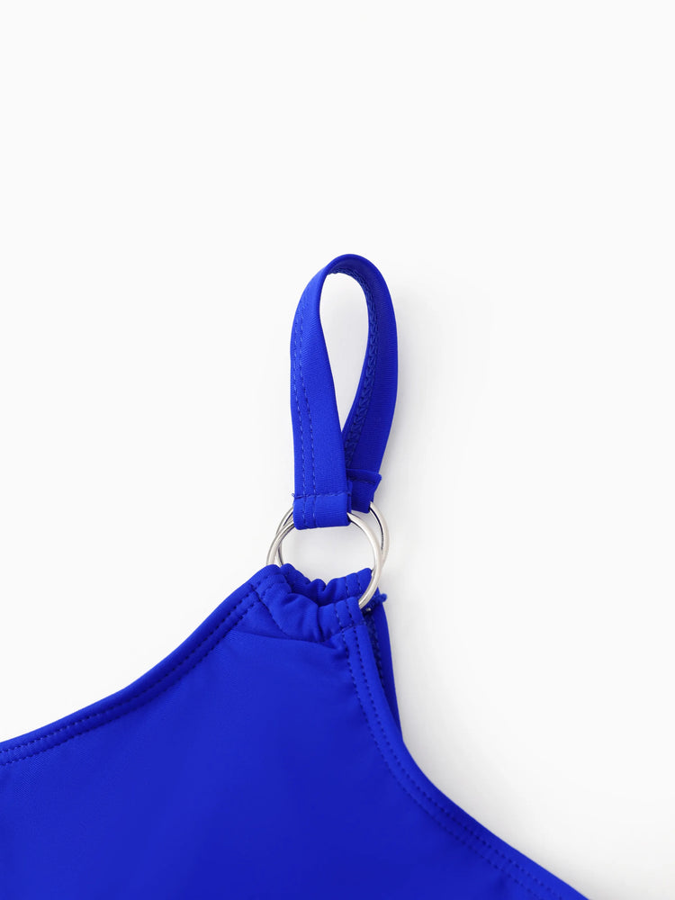 Family Matching Blue Drawstring Swim Trunks or Blue One-Piece Strap Swimsuit
 Blue