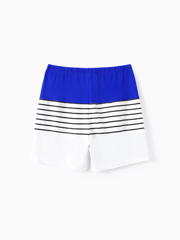 Family Matching Blue Drawstring Swim Trunks or Blue One-Piece Strap Swimsuit
 Blue