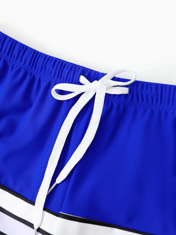 Family Matching Blue Drawstring Swim Trunks or Blue One-Piece Strap Swimsuit
 Blue