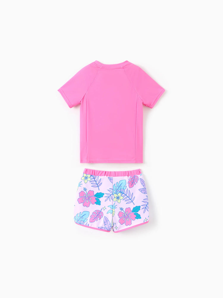 Maillot de bain 2 pièces Disney Stitch pour fille, haut à manches courtes et short à imprimé floral tropical, protection UPF 50+, rose