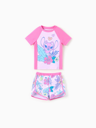 Maillot de bain 2 pièces Disney Stitch pour fille, haut à manches courtes et short à imprimé floral tropical, protection UPF 50+, rose