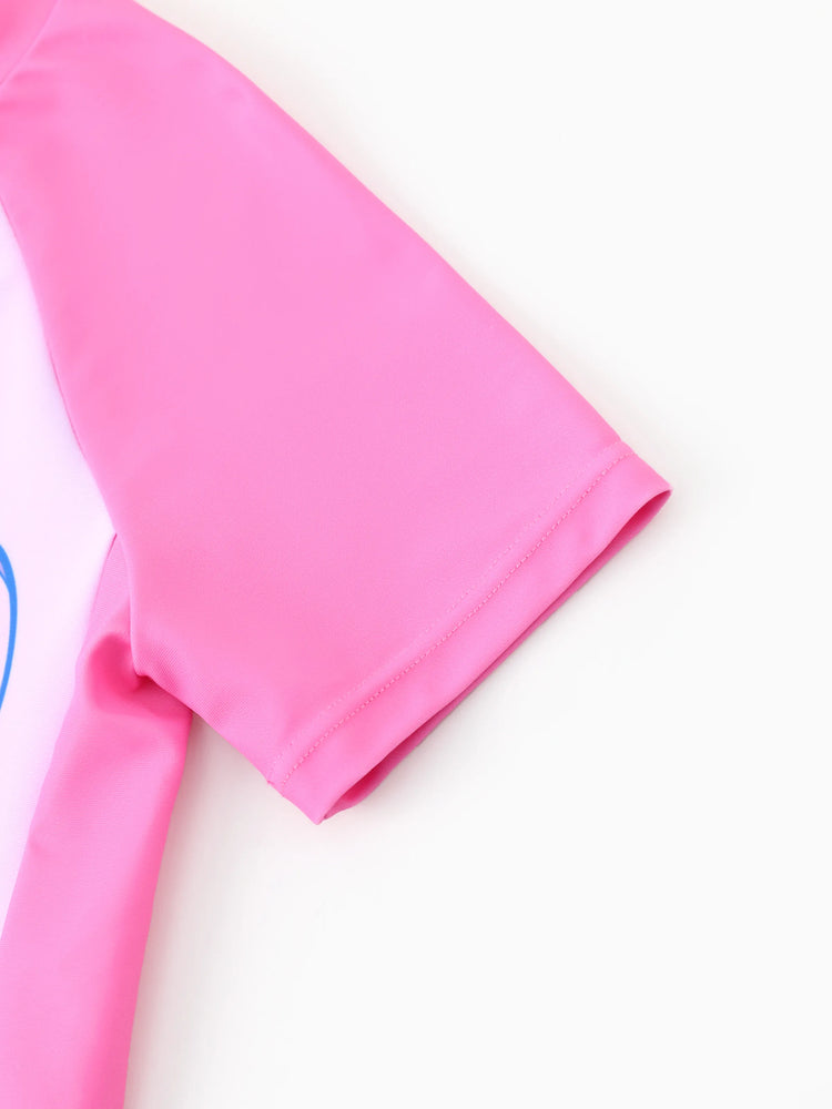 Maillot de bain 2 pièces Disney Stitch pour fille, haut à manches courtes et short à imprimé floral tropical, protection UPF 50+, rose