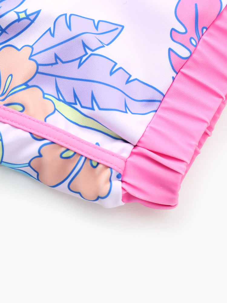 Maillot de bain 2 pièces Disney Stitch pour fille, haut à manches courtes et short à imprimé floral tropical, protection UPF 50+, rose