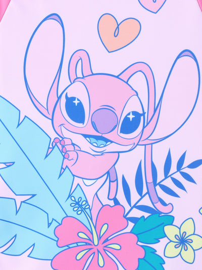 Disney Stitch Kid Girl 2pcs Character Tropical Floral Colorblock Print Short-sleeve Tops and Trunks UPF 50+ Swimsuit Set Pink