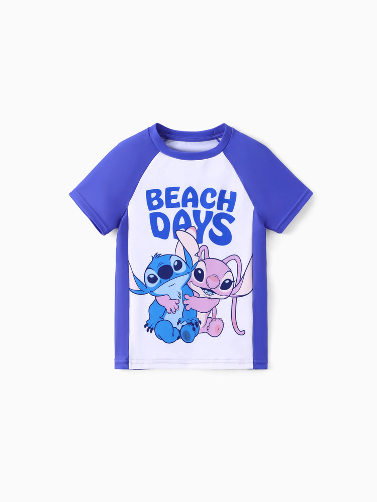 Maillot de bain 2 pièces Disney Stitch pour fille, haut à manches courtes et short à imprimé floral tropical, protection UPF 50+, violet