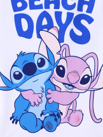 Disney Stitch Kid Girl 2pcs Character Tropical Floral Colorblock Print Short-sleeve Tops and Trunks UPF 50+ Swimsuit Set Purple