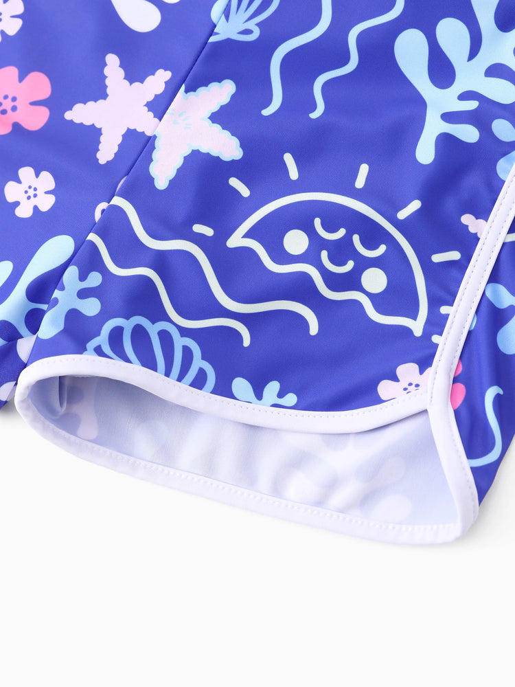 Maillot de bain 2 pièces Disney Stitch pour fille, haut à manches courtes et short à imprimé floral tropical, protection UPF 50+, violet