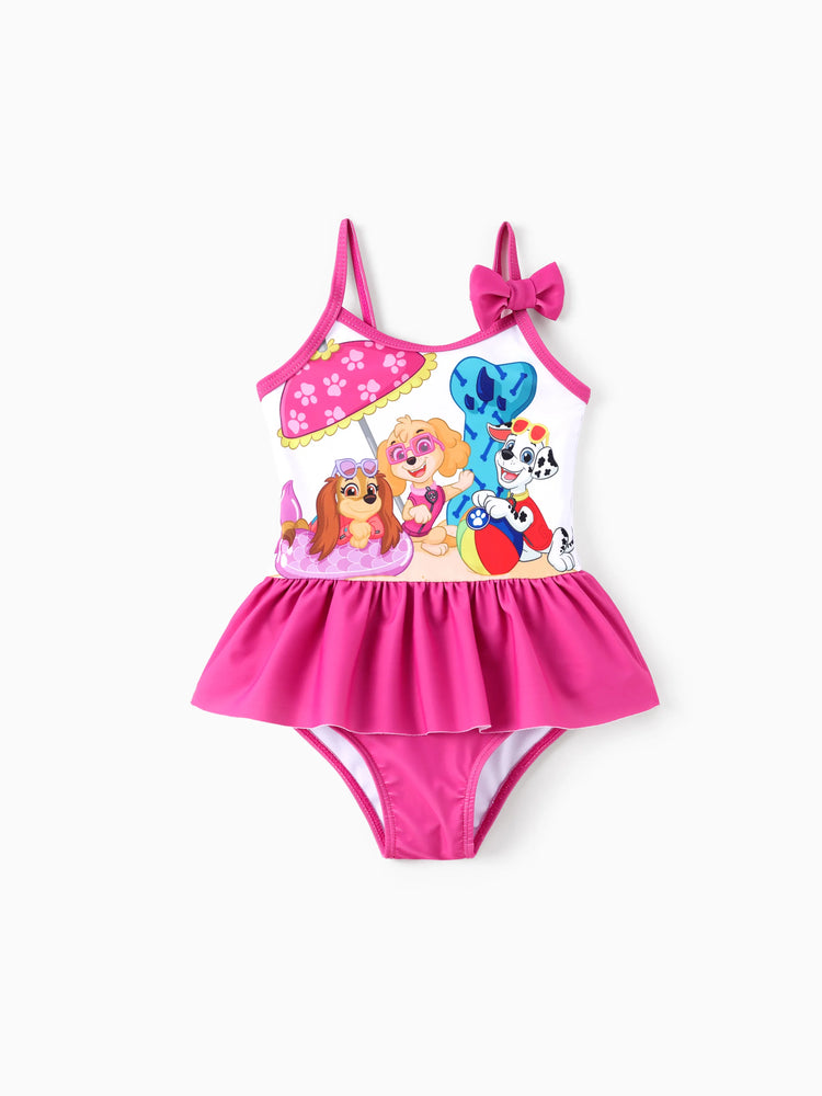 Maillot de bain 1 pièce Pat'Patrouille pour petite fille, Marshall, Skye et Liberty, nœud papillon, volants, sans manches, UPF 50+, rose vif